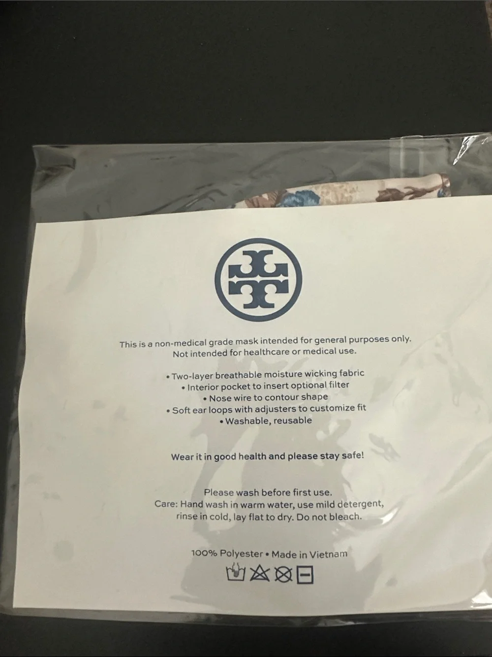 Tory Burch Cream Floral Face Mask with Blue and Brown Accents